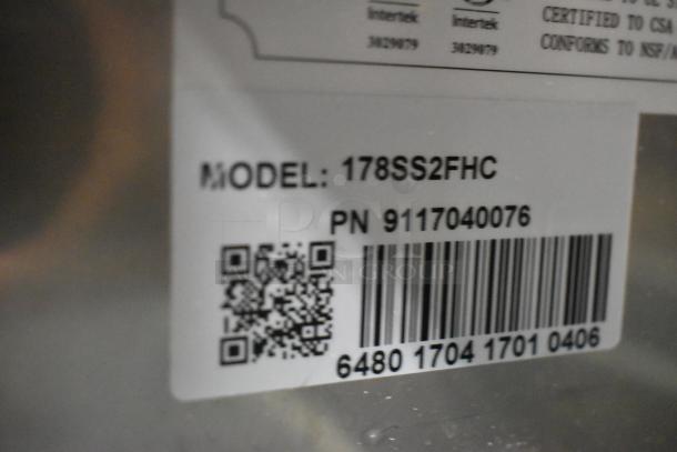 Avantco 178SS2FHC label showing model number and barcode, indicating commercial 2-door freezer details.