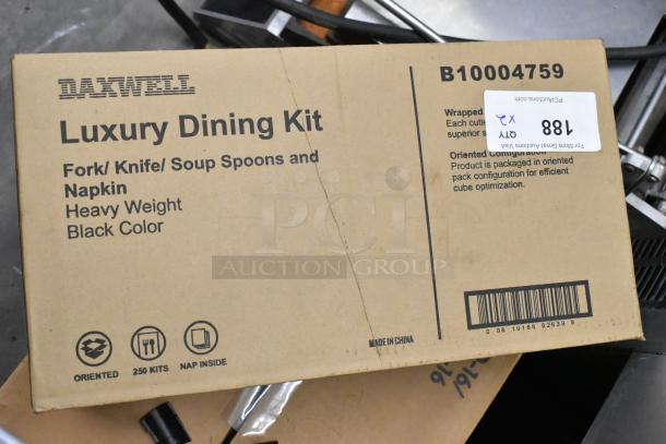 Daxwell Luxury Dining Kit, heavy weight, black color, includes fork, knife, soup spoons, napkin, 250 kits per box.