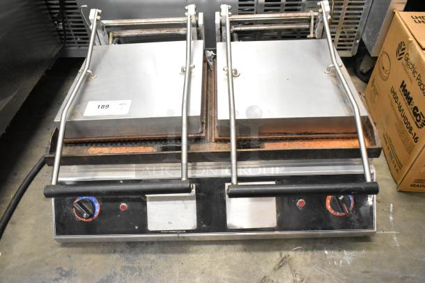 Star Pro Max UG281 stainless steel commercial double panini press, 240 volts, visible wear, operational dials, price tag.
