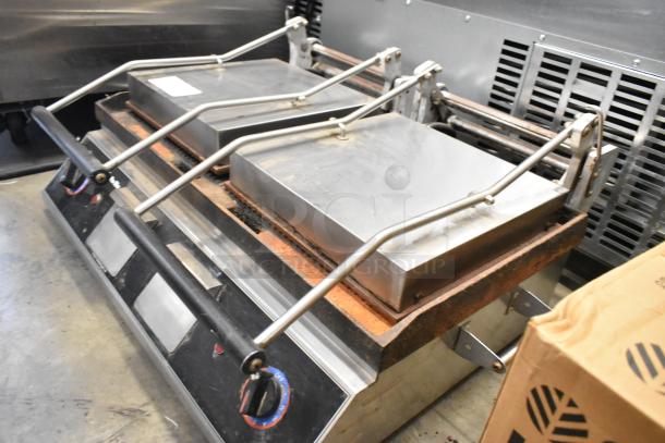 Star Pro Max UG281 double panini press in stainless steel, commercial countertop model, 240 volts, slight wear.