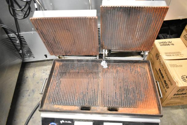 Star Pro Max UG281 stainless steel commercial countertop double panini press, visible wear, 240 volts.