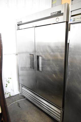 True T-49 stainless steel 2-door commercial cooler with poly-coated racks, on casters, 115 volts, 1 phase.