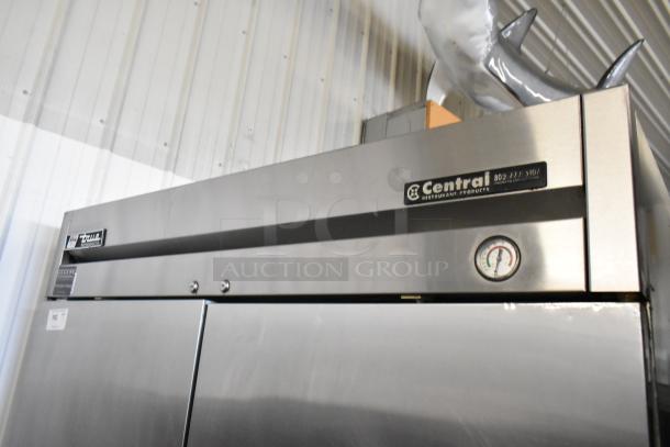 True T-49 Stainless Steel 2 Door Commercial Cooler with poly-coated racks; 115V, 1 Phase, on commercial casters.