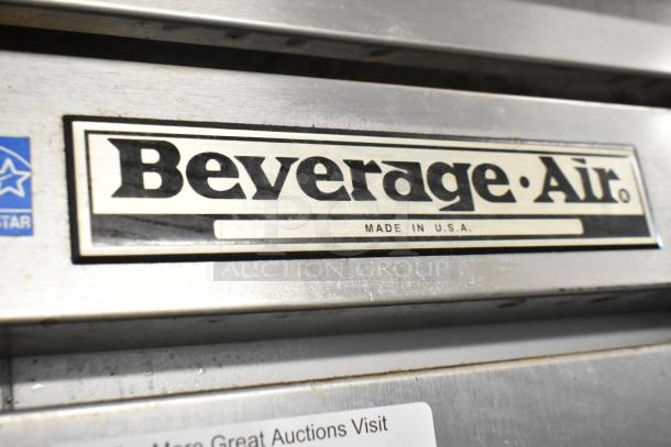 Beverage Air EF48-1AS freezer label, made in USA, stainless steel, commercial two-door, poly-coated racks, on casters.