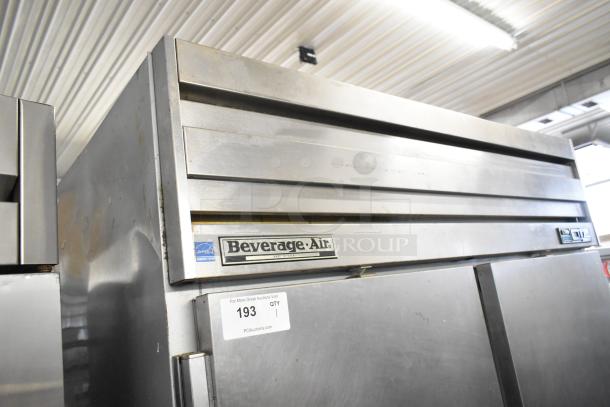 Beverage Air EF48-1AS stainless steel 2-door commercial freezer, poly-coated racks, on casters, 115V, 1 phase, Energy Star label.