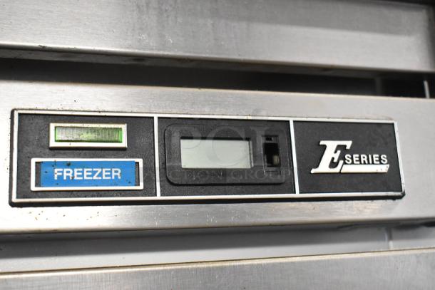 Beverage Air EF48-1AS control panel, E Series label, stainless steel, part of a commercial 2 door reach-in freezer.