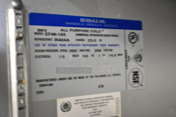 Beverage Air EF48-1AS commercial reach-in freezer label showing specifications and certifications.