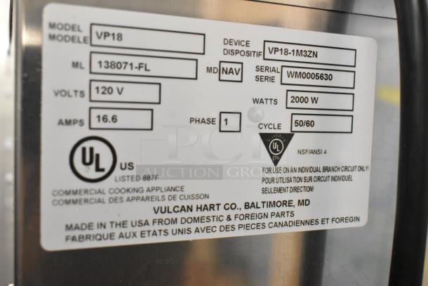 Vulcan VP18 commercial heated holding proofing cabinet label showing voltage, watts, and UL certification details.