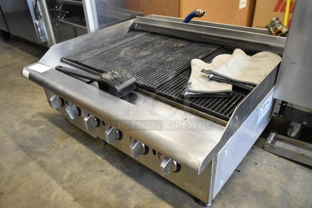 APW Wyott HCRB-2436i stainless steel charbroiler grill, natural gas, 120,000 BTU, with controls, used condition.