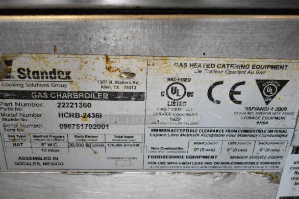 APW Wyott HCRB-2436i charbroiler grill label, shows model, part number, 120,000 BTU, natural gas, UL and CE certifications.