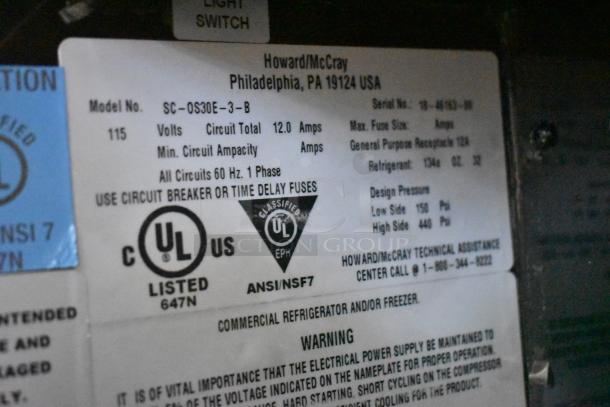 Label of McCray SC-OS30E-3-B Merchandiser. Shows voltage, amps, refrigerant type, UL certification, and technical info.