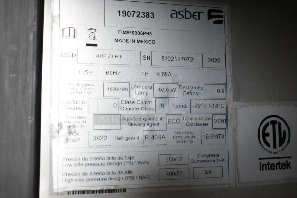 2020 Asber ARF23HF stainless steel commercial freezer, single door, on casters, missing compressor cover screws. 115V, 1 phase.