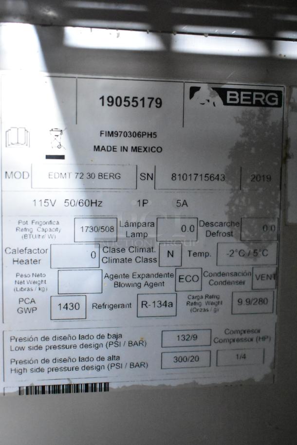 Berg EDMT7230BERG stainless steel sandwich prep table, 115V, commercial grade, model and specs label visible, made in Mexico.