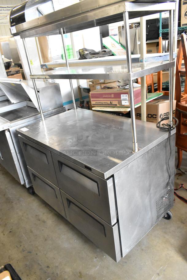 Turbo Air TUR-48SD-D4-N stainless steel 4-drawer work top cooler with 2-tier overshelf, 115V, commercial use.