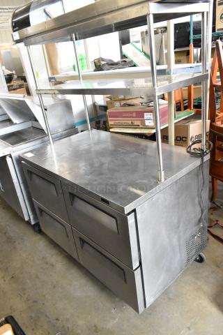 Turbo Air TUR-48SD-D4-N stainless steel 4-drawer work top cooler with 2-tier overshelf, 115V, commercial use.