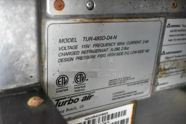 Turbo Air model TUR-48SD-D4-N label showing 115V, 60Hz, R-290 refrigerant. Features ETL certifications.