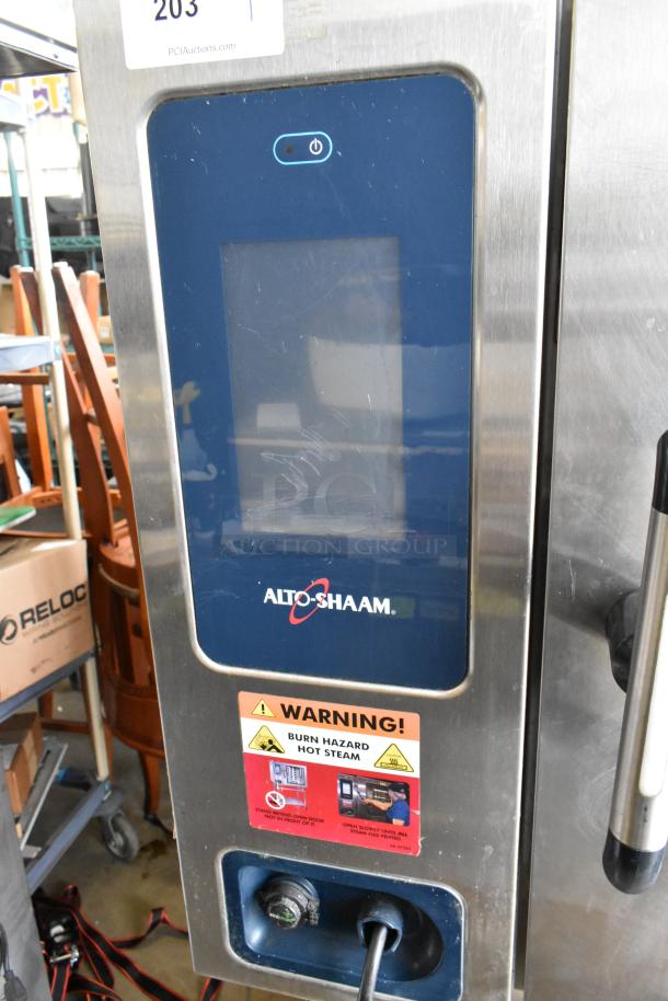 Alto Shaam CTP7-20E stainless steel combi convection oven on stand, electric, 208-240V, 3-phase, warning label visible.