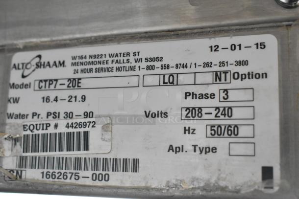 Alto Shaam CTP7-20E stainless steel commercial combi convection oven label, showing model, voltage, phase, and other specs.