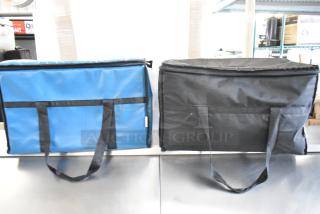 Blue and black insulated food carrying bags, 2 Choice brand, with handles; pristine condition.