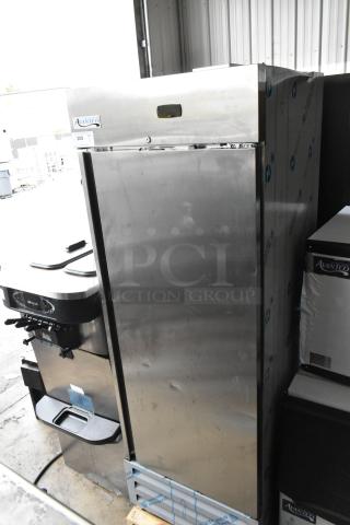 BRAND NEW Avantco 447AP23R Stainless Steel Commercial Single Door Reach In Cooler, 115V, 1 Phase, poly coated racks, some dents.