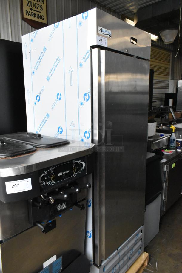 BRAND NEW Avantco 447AP23R stainless steel commercial single door reach-in cooler with poly-coated racks, slight scratch and dent.