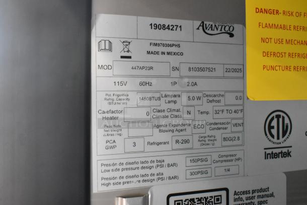 "Avantco 447AP23R cooler label, showing specs: 115V, R-290 refrigerant, stainless steel, single-door, poly-coated racks, new condition."