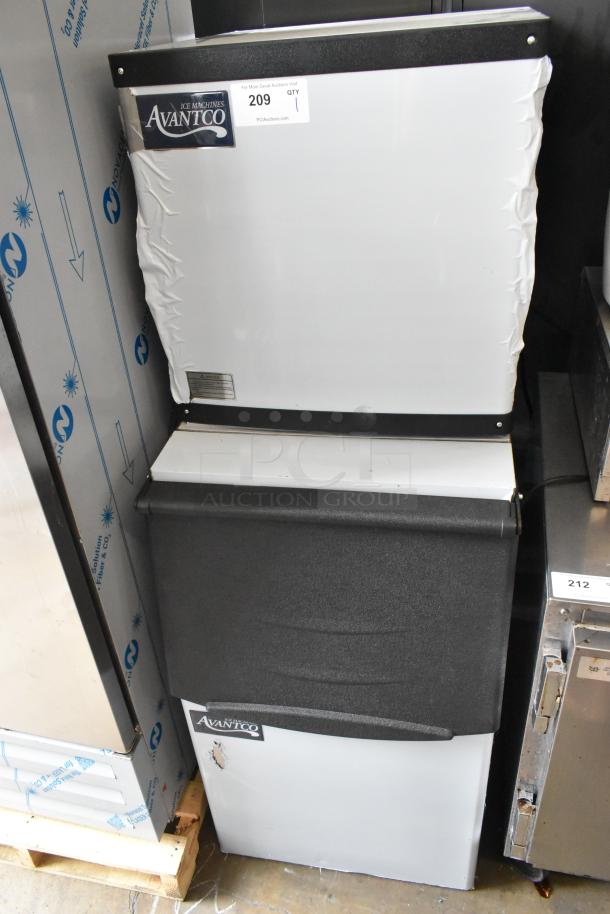 Brand new Avantco 194MCH322A stainless steel ice head on bin, 115V, 1 phase, scratch and dent condition, tags visible.