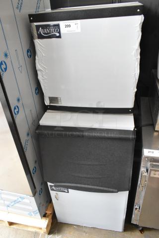 Brand new Avantco 194MCH322A stainless steel ice head on bin, 115V, 1 phase, scratch and dent condition, tags visible.