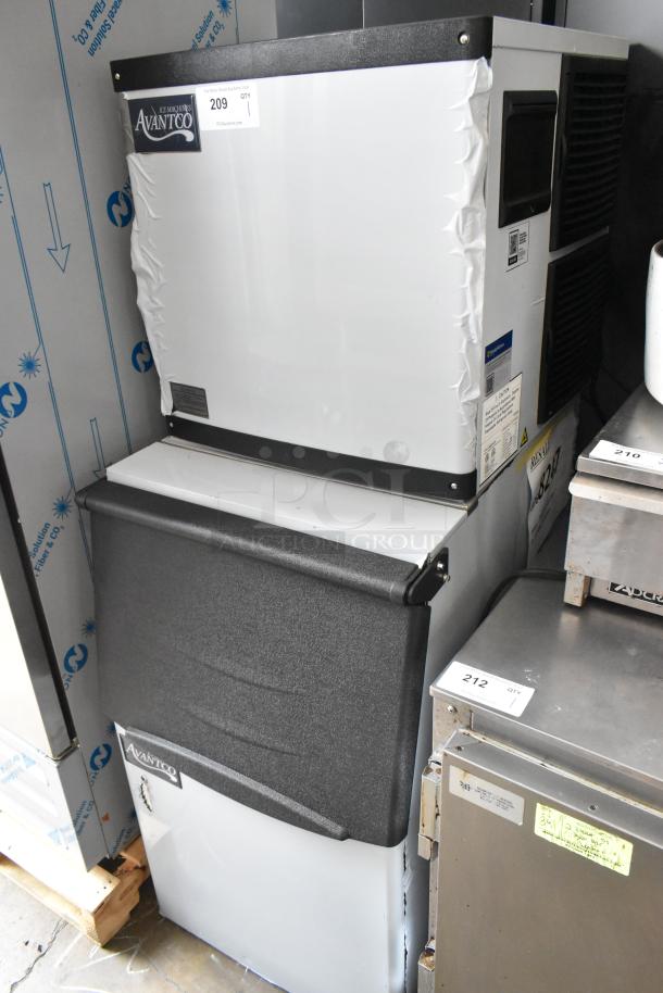 Brand new Avantco 194MCH322A commercial ice head on bin, stainless steel, 115V, 1 phase, minor dents visible.