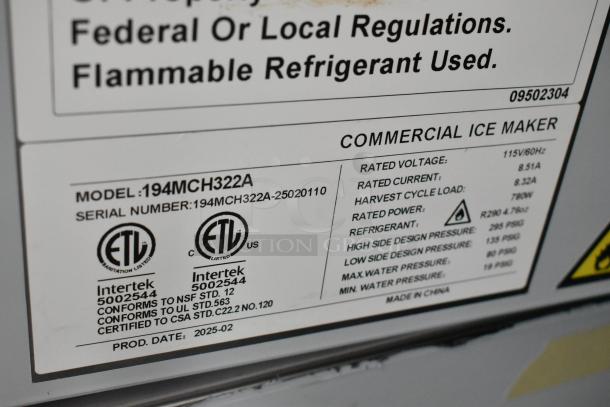 Avantco 194MCH322A stainless steel commercial ice maker label, showing model, serial number, certifications, and specifications.