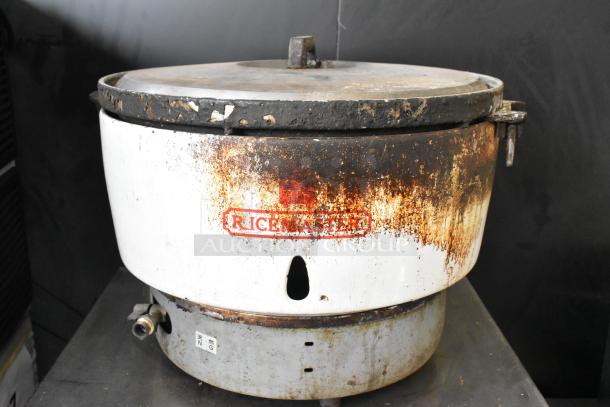 Rusty RiceMaster rice cooker with visible wear and logo. Includes Adcraft BW-450 stainless steel bun drawer, both items as a lot.