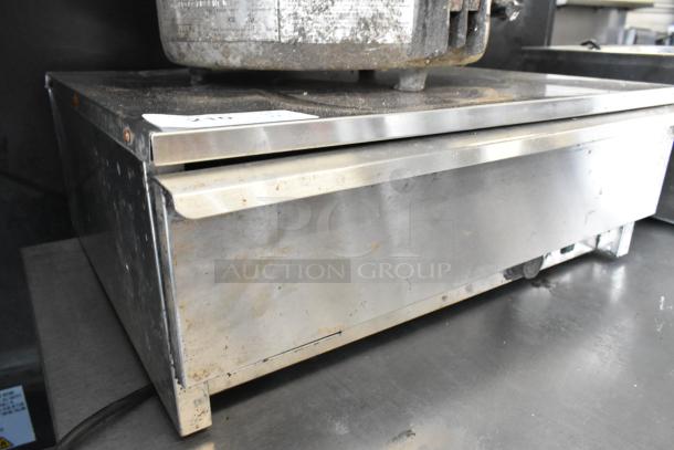 Adcraft BW-450 stainless steel bun drawer, used condition, with visible wear. Contains RiceMaster rice cooker on top.