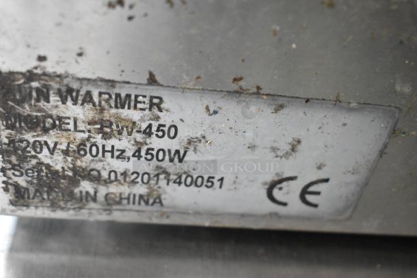 Adcraft BW-450 Bun Drawer label; 120V, 60Hz, 450W, worn condition. "Made in China" and CE mark visible.