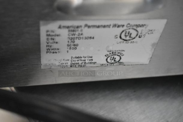 American Permanent Ware CW-2A stainless steel food warmer label, 120V, 1 phase, UL certified, suitable for NYC use.
