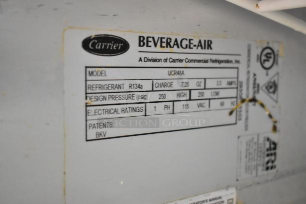 Beverage Air UCR48A label showing model, refrigerant type R134a, electrical ratings 115V, 1 phase, UL certified.
