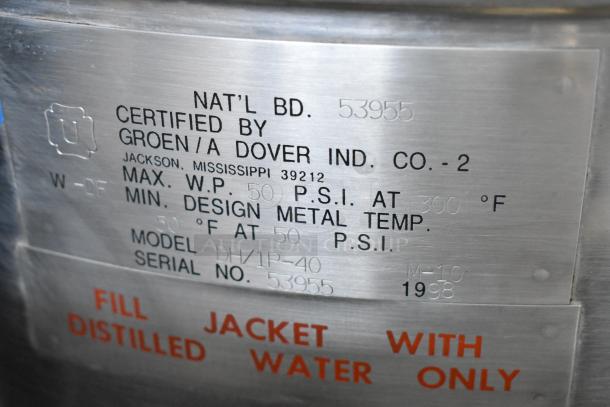 Groen DH/1P-40 steam kettle label, showing certification and specs: 50 PSI at 300°F, model DH/1P-40.