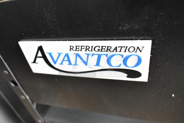 Brand label on Avantco 178GDC49FHCB merchandiser freezer, showing "Refrigeration Avantco." Black finish, customizable features.