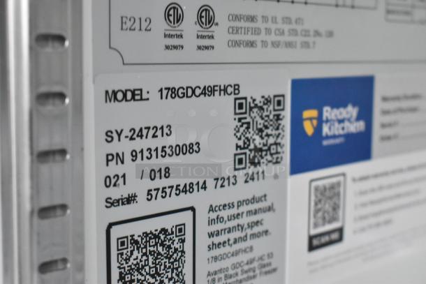 Close-up view of label on Avantco 178GDC49FHCB merchandiser freezer, showing model, serial number, and QR codes.