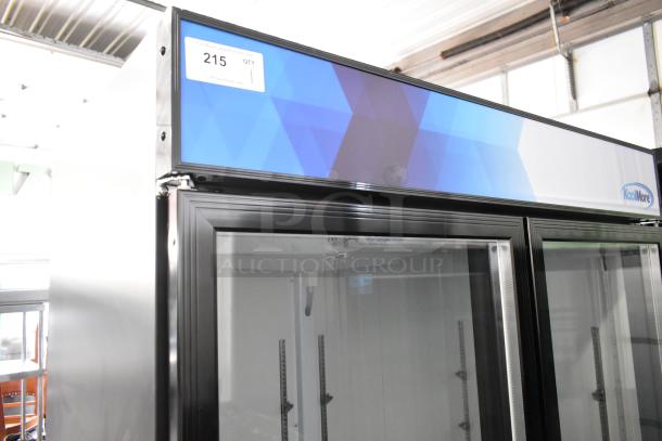 Brand new 2024 KoolMore MDR-2GD-45C commercial 2-door cooler with poly racks, casters, blue panel. Scratch and dent condition.