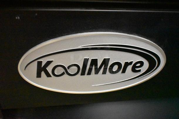 KoolMore logo detail on the 2024 Model MDR-2GD-45C Commercial Reach-In Cooler. Brand new with scratch and dent.