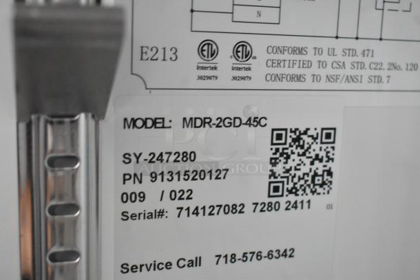 Label showing KoolMore MDR-2GD-45C model with certifications and contact info, highlighting commercial cooler details.