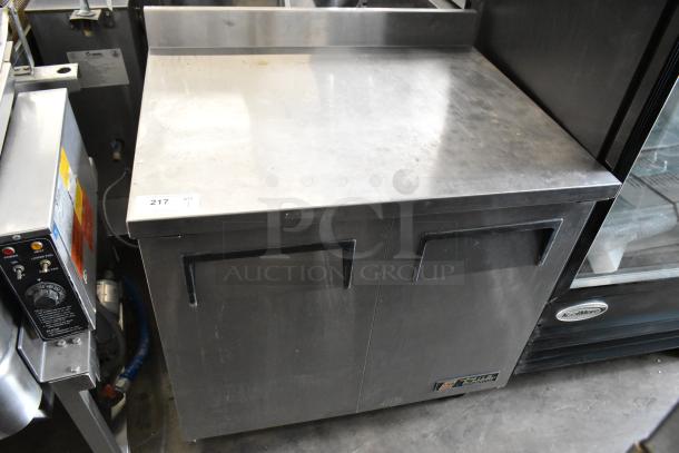 2016 True TWT-36 stainless steel 2-door work top cooler on casters, 115 volts, 1 phase; commercial use model.
