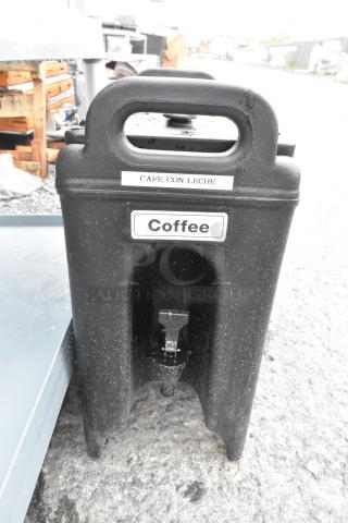 Cambro poly insulated beverage dispenser in used condition, labeled "Coffee."