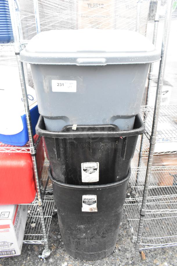 Three poly trash cans, various sizes, stacked. Includes gray lid and black containers. Visible labels indicate model and brand.