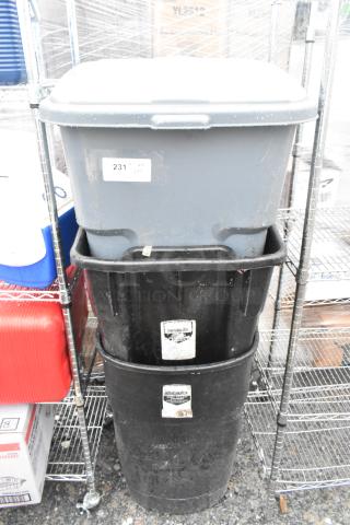 Three poly trash cans, various sizes, stacked. Includes gray lid and black containers. Visible labels indicate model and brand.
