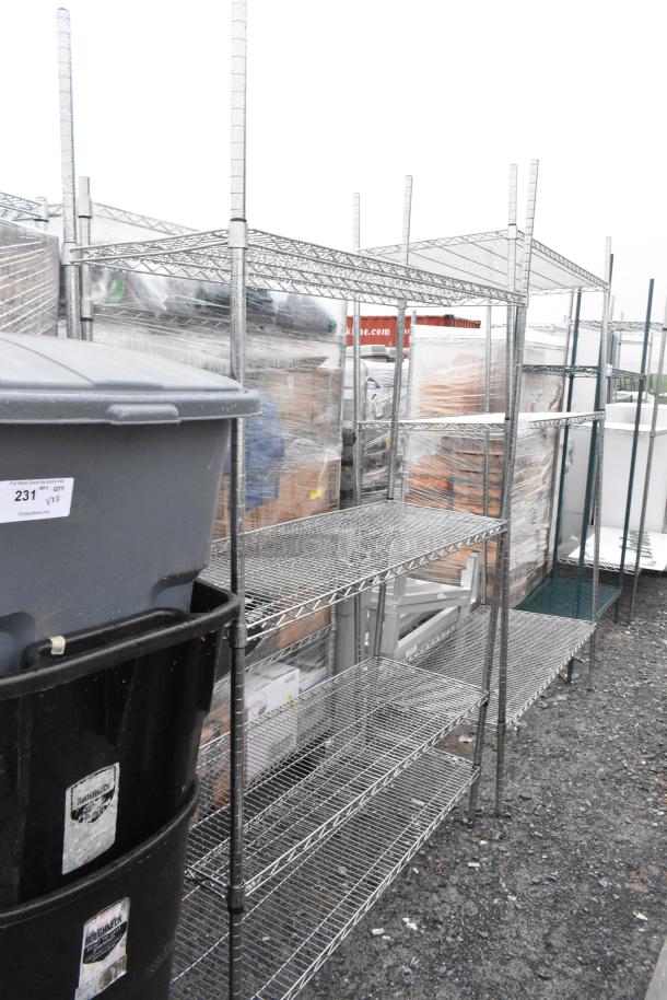 Chrome finish 4-tier wire shelving unit, sturdy construction, minor wear. Buyer must dismantle, freight charges apply.