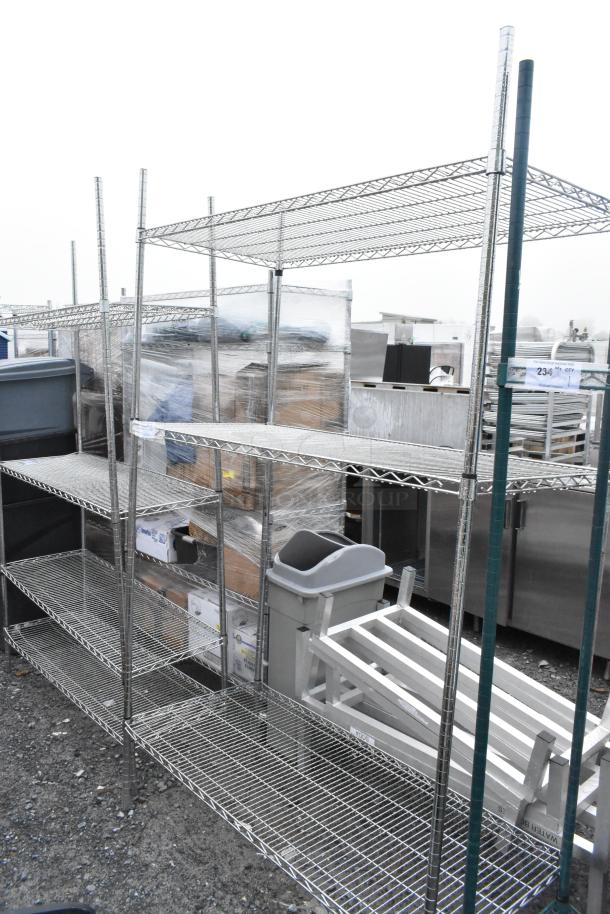 Chrome finish three-tier wire shelving unit, in good condition, buyer must dismantle for shipping.