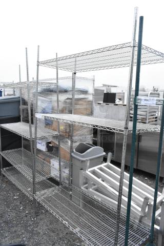 Chrome finish three-tier wire shelving unit, in good condition, buyer must dismantle for shipping.