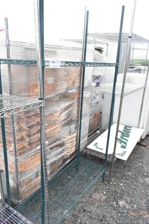 Green finish 2-tier wire shelving unit. Requires buyer dismantling. Note freight charges. Visible wear.