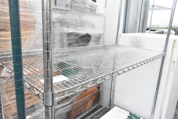 Chrome finish 3 tier wire shelving unit with steel construction. Buyer to dismantle. Consider freight charges for shipping.